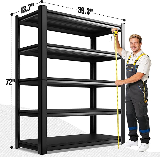 2000lbs Heavy Duty Garage Shelving, 5-Tier Adjustable Storage Shelves, 72" H x 39.3" W x13.7 D, Utility Metal shelvingfor Warehouse, Basement, Garage