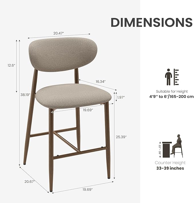 MALOL Bar Stools Set of 3, Counter Height bar stools, Kitchen Bar Stools with Backs, Modern Upholstered, Modern Bar Stools with Metal Legs for Kitchen Island, Counter, Camel