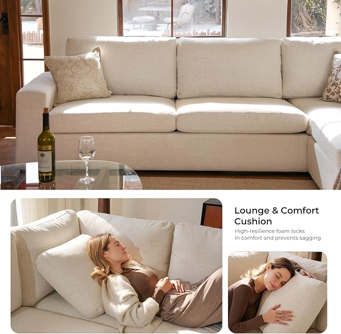 ELUCHANG 113" V-Shaped Modular Sectional Sofa Couch, Modern 7-Seat Comfy Linen Deep Seat Sofa with Corner, Removable Cover, Easy Assembly, Large Sofas & Couches for Living Room, Office, Beige | Spring Cushions, Easy to Clean, Deep Seat
