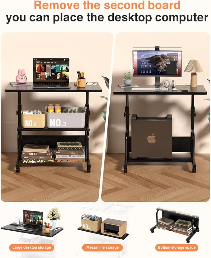 QZMDSM Portable Rolling Desk on Wheels Adjustable Height Desks for Small Spaces, 32" Computer Desk with Storage Shelves for Home Office Black