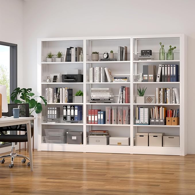 5-Tier Industrial Bookshelf, White Bookcases and Bookshelves,Tall Metal Book Shelf Storage Organizer,Freestanding Bookshelf for Living Room,Home Office (White, Shelf-3)