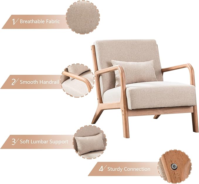 INZOY Mid-Century Modern Accent Chair Set of 2, Upholstered Living Room Chairs with Waist Cushion, Reading Armchair for Bedroom Sunroom