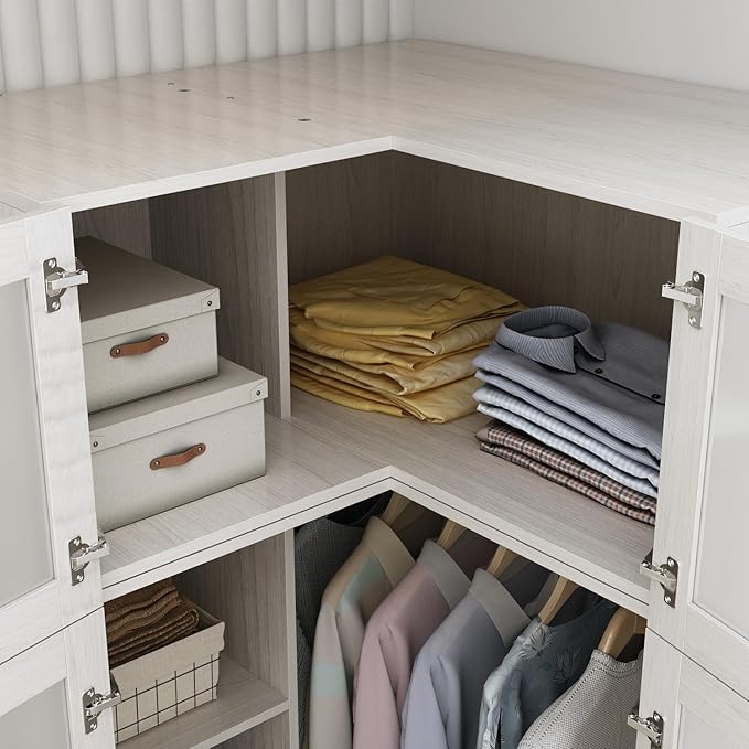 MOUMON 86.6" L-Shaped Corner Wardrobe with Frosted Glass Doors, Armoire Closet with Hanging Rod, Top Storage, Space-Saving, Light Oak 35.4”W x 35.4”D x 86.6”H