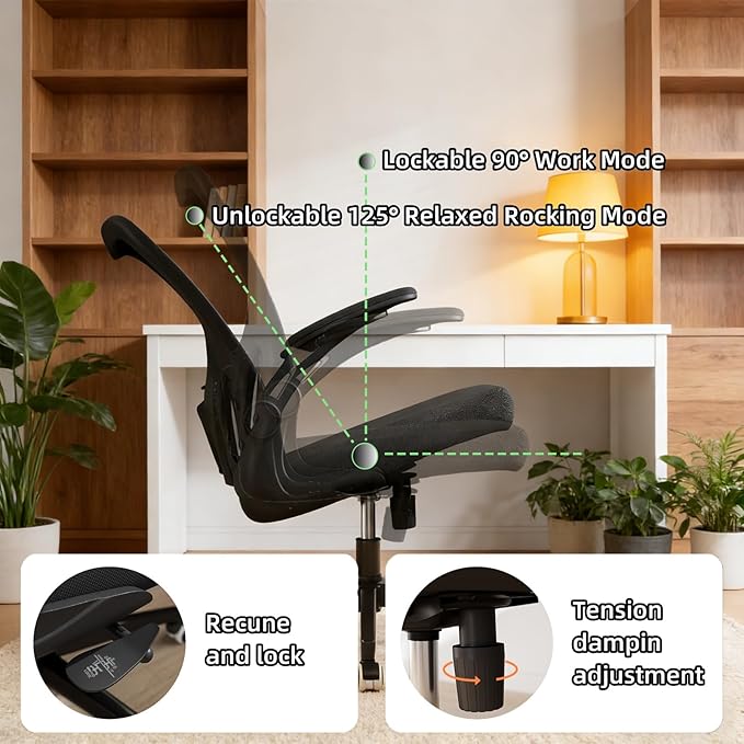 Ergonomic Office Chair, High-Back Mesh Computer Desk Chair with Adjustable Height, Lumbar Support, Flip-Up Armrests,and Swivel Rolling Design for Home and Office Use