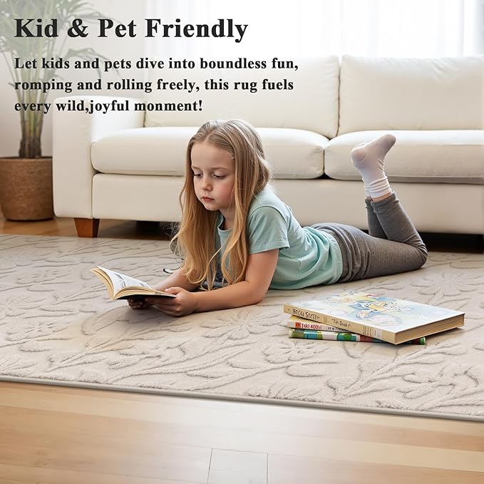 Vaukki 2x6 Runner Rug for Living Room, Soft Fluffy Washable Modern Floral Indoor Floor Mat, Non Slip Shaggy Boho Accent Throw Carpet for Bedroom, Living Room, Nursery and Dining Room, Beige