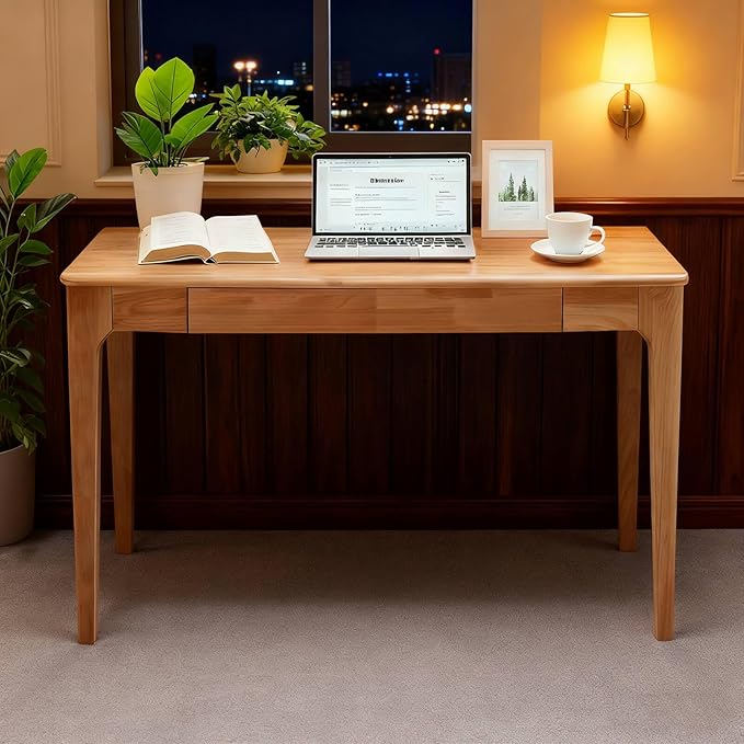 Solid Wood Desk,40" Oak Wooden Desk with Drawers,Mid Century Modern Small Computer Desk with Drawers for Small Spaces Home Office Solid Wood Writing Desk, (Wood Color-1 Drawers)