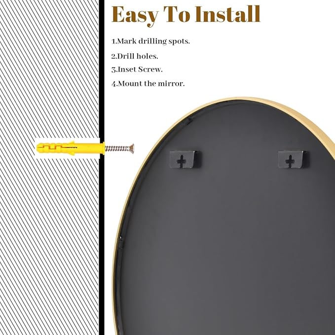 VooBang Gold Round Bathroom Mirror, 24 inch Circle Wall Mounted Hanging Mirror with Simple Modern Circular Metal Frame for Hallway, Entryway, Living Room, Gold Frame