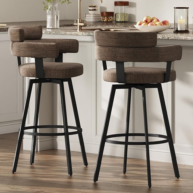 30 Inch Bar Stools Set of 2 with Full Back, Swivel Bar Chairs with Linen Padded Back, Metal Footrest, Modern Bar Height Stools for Kitchen Island, Dining, Living Room, Brown