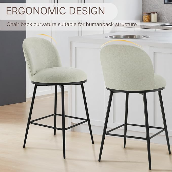 26" Counter Height Swivel Bar Stools Set of 3, Upholstered Linen Fabric Barstools with Backs and Metal Legs for Kitchen Island,Grey