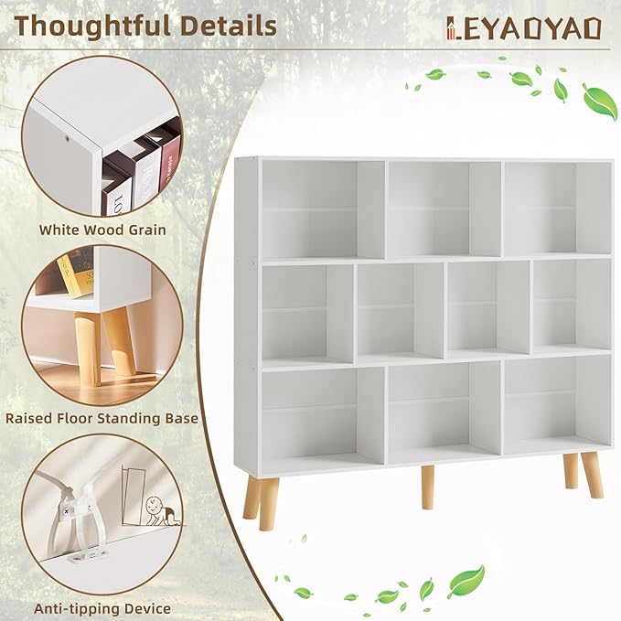 LEYAOYAO 10 Cube Bookshelf,3 Tier Modern Wide Bookcase with Legs,Mid-Century Wood Bookshelves Storage，White Large Book Case,Freestanding Organizer Display Shelf for Bedroom,Living Room,Office
