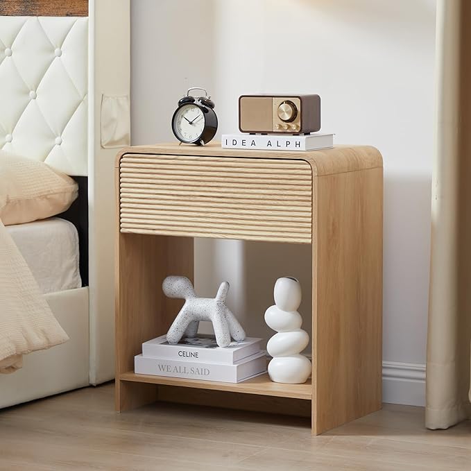 XUZENEST Fluted Nightstand with Charging Station, Mid Century Modern Bed Side Table End Table with Drawer Storage, Large Wooden Night Stands Bedside for Bedroom Living Room Sofa Office, Natural