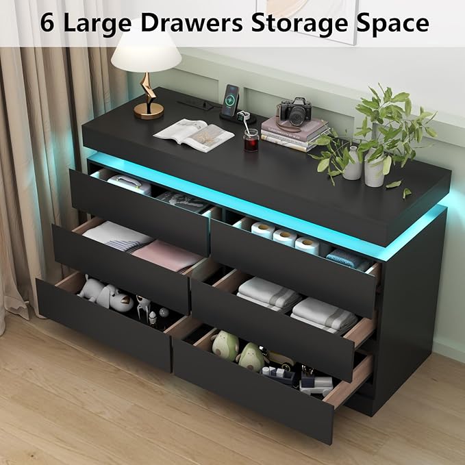 Gyfimoie 6 Drawer Dresser with Power Outlet, Dresser with LED Light, Modern Chest of Drawers for Closet, Double Wide Drawer Organizer Cabinet for Bedroom, Living Room (Black, 6 Drawers)