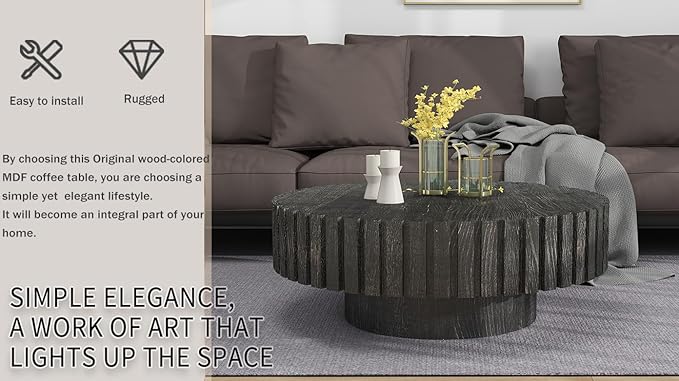 Round Wood Coffee Table for Living Room Modern Rustic Fluted Solid Wood Coffee Table Pedestal Center Table Circle Tea Tables for Apartment Easy Assembly(31.5''Antique Black)