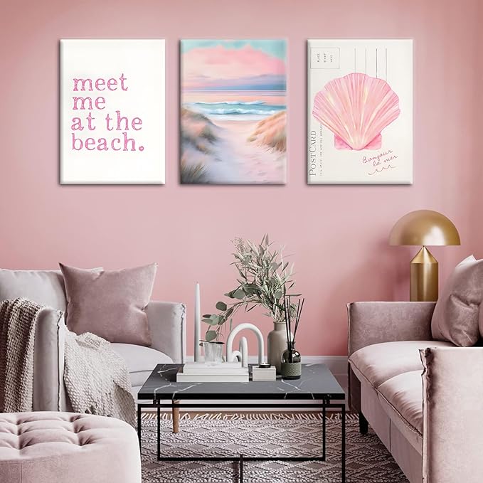 Yudinbin Framed Pink Beach Preppy Coastal Canvas Wall Art Girls Aesthetic Room Decor Painting Poster Print for Girls Bedroom Dorm Home 16x12 in