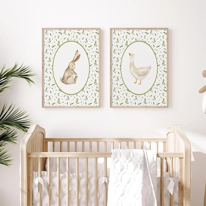 Vintage Nursery Wall Art Cute Goose Canvas Poster Bunny Wall Decor Baby Kids Poster Rabbit Duck Prints Cute Animal Pictures Pale Green Painting Artwork for Gallery Bedroom 16x24 Inch Unframed Set of 2
