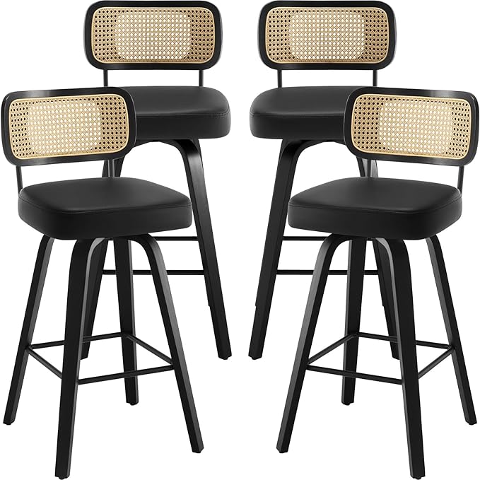 Bekrvio Swivel Counter Height Bar Stools Set of 4, Upholstered Faux Leather Barstools with Rattan Back, 26" Seat Height Bar Chairs Island Stools for Kitchen Counter, Black Wood Frame, Black