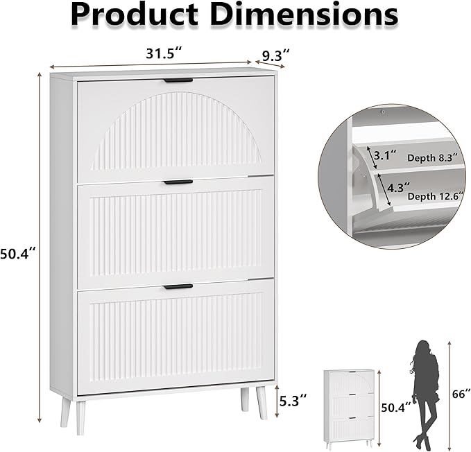 BORNOON Shoe Cabinet for Entryway with 3 Flip Drawers, Slim Wooden Shoe Storage Organizer with Modern Fluted Pannel，Freestanding Narrow Hidden Shoe Rack for Hallway, Foyer, Living Room