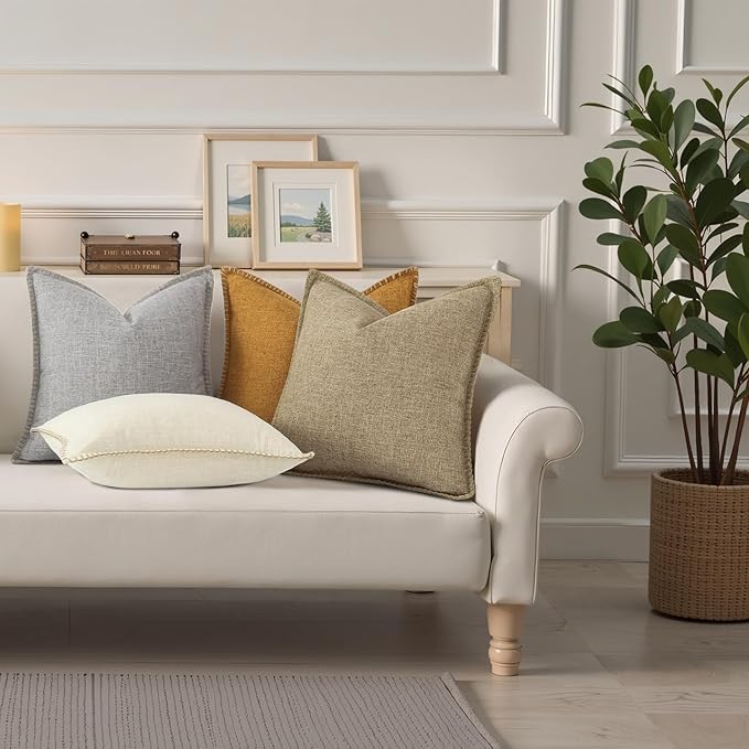 decorUhome Summer Decorative Throw Pillow Covers 16x16 Set of 2 Square Faux Linen Farmhouse Pillow Covers with Stitched Edge Outdoor Neutral Pillow Covers for Couch Sofa Living Room, Khaki