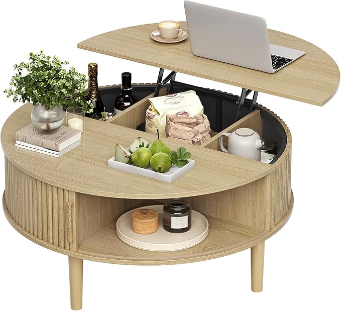 Round Lift Top Coffee Table, Modern Coffee Table with 180° Curved Sliding Door, Fluted Accent Coffee Tables with Hidden Storage and Open Shelves, for Living Room, Office, Oak