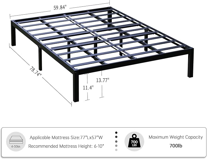 14 Inch Bamboo Bed Frame – Solid Wood Platform Bed Frame, Strong and Stable, with Non-Slip Slats for Support, No Box Spring Needed, Easy to Assemble, Noise-Free (Black, Queen)