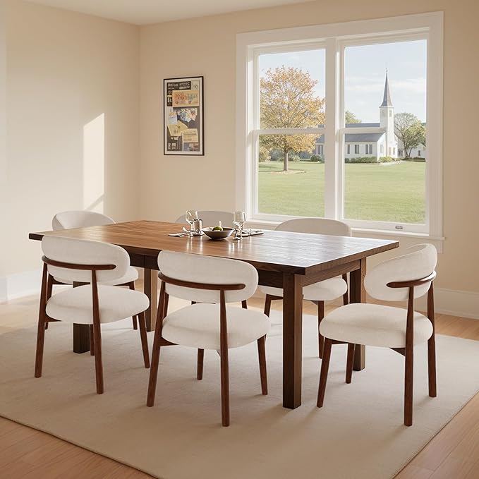 Farmhouse Dining Chairs Set of 8, Mid Century Modern Fabric Upholstered Kitchen Chairs, Wooden Dining Room Chair with Curved Back for Kitchen Dining Room Restaurant Cafe, Light Camel (Only Chairs)