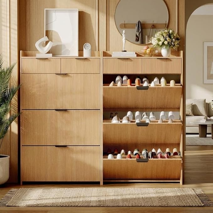 IDEALHOUSE Modern Shoe Cabinet with 3 Flip Drawers & 2 Small Drawers & Hook, Slim Fluted Shoe Storage Organizer, Narrow Entryway Cabinet for Apartment, (Wood Color, 3 Flip Drawers)