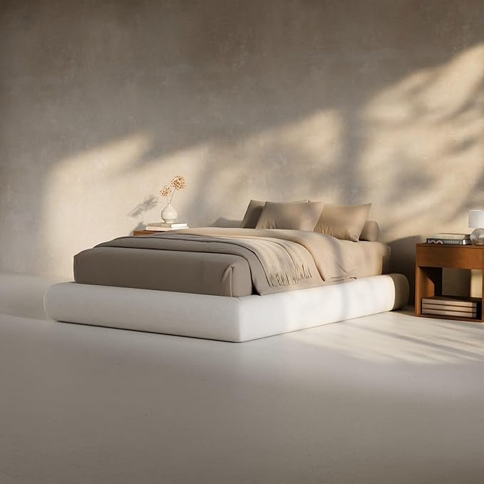 RECCI AirFrame Half-Moon Upholstered Full Platform Bed Frame, Velvet Curved Arched Base, 5 Inch Fully Round Cushioned Foam, No Box Spring Needed, Easy Assembly | Round Shaped, Boucle, Low-profile, Soft