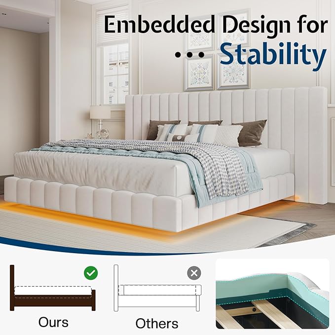 Jocisland King Size Bed Frame with 100" Wide Upholstered Headboard, Modern Velvet Floating Platform with LED Lights Underneath, No Box Spring Needed, Cream