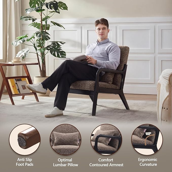 Achicsofar Accent Chair Mid Century Modern Armchair with Lumbar Support Pillow Wood Legs PU Leather Upholstered Lounge Chairs Comfy High Back Cushion for Living Room Bedroom