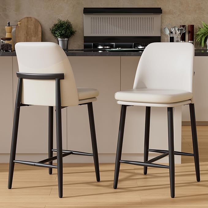 GXJ Bar Stools Set of 2, Upholstered Counter Height Bar Stools, 26 Inch Modern Counter Stools with Back, Textured Leather&Fabric, Metal Legs,Barstools for Kitchen Island Dining Room, White