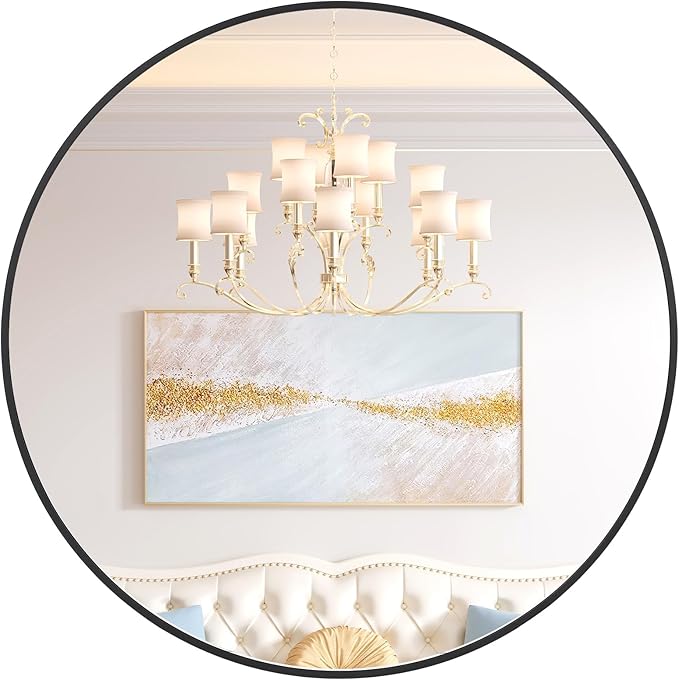 30 Inch Black Round Wall Mirror, Modern Metal Frame for Bathroom, Living Room, Bedroom Decor