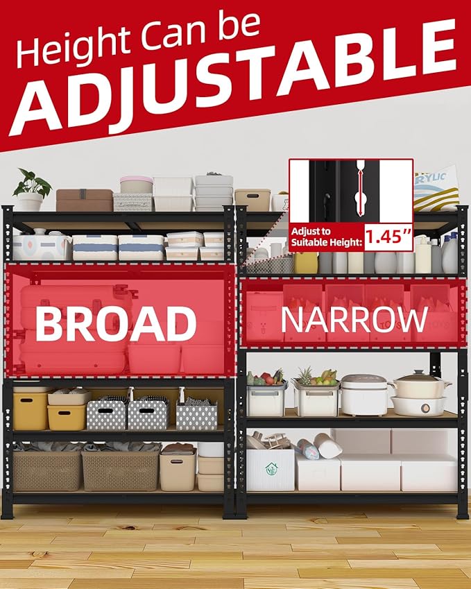 PrimeZone 35.5" x 12" x 72" Heavy Duty Storage Shelves - 5 Tier Adjustable Garage Storage Shelving, Metal Storage Utility Rack Shelf Unit for Warehouse Pantry Closet Kitchen, Black, 4 Pack
