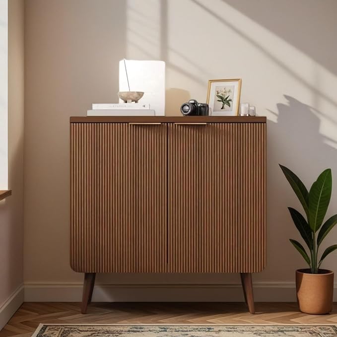 29.5" Modern Fluted Sideboard Cabinet with 2 Doors, Wood Storage Credenza with Shelves, Multi-Purpose Buffet Cabinet for Entryway, Dining & Living Room, Walnut