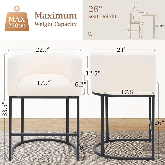 ClinQ 26" H Counter Height Bar Stools Set of 2, Modern Barrel Counter Stools with Backrest and Arms, Black Metal Frames, Linen Fabric Upholstered Accent Barstools for Kitchen Island, Beige