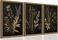 Yudinbin Vintage Dark Botanical Canvas Wall Art Set of 3 Moody Floral Prints with Wood Frame Dark Plant Academia Aesthetic Gallery Painting Wall Decor for Living Room Bedroom or Office 16x24 Inch