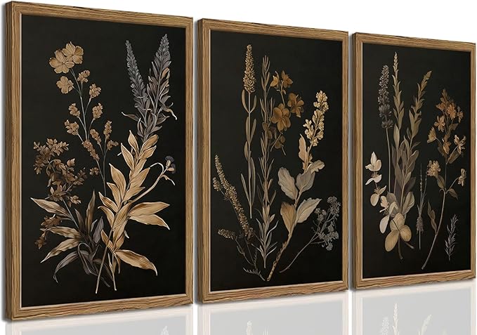 Yudinbin Vintage Dark Botanical Canvas Wall Art Set of 3 Moody Floral Prints with Wood Frame Dark Plant Academia Aesthetic Gallery Painting Wall Decor for Living Room Bedroom or Office 16x24 Inch