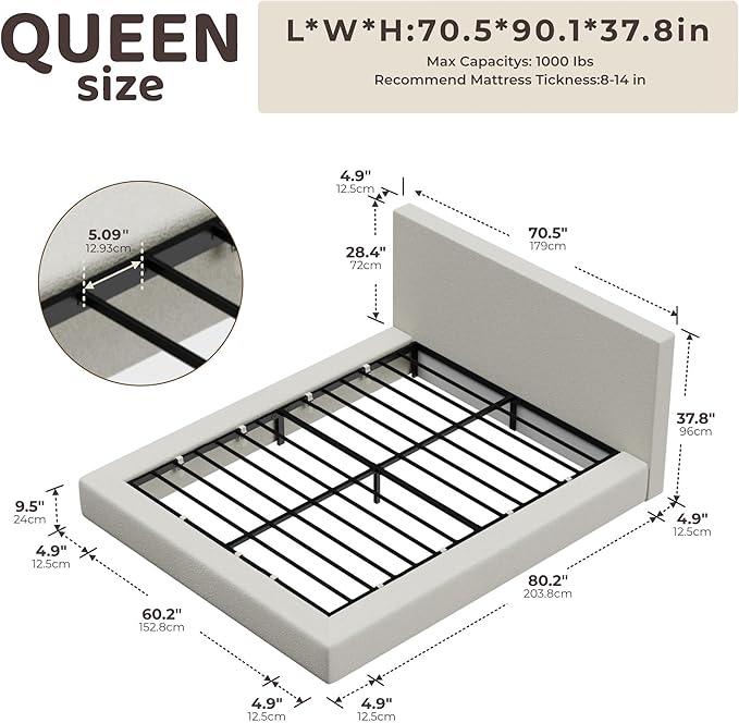 RECCI AirFrame Queen Bed Frame with Headboard, Cloud Upholstered Platform Bed Frame, 5 Inch Foam Cushioned, No Box Spring, Easy Assembly(Cream Boucle)