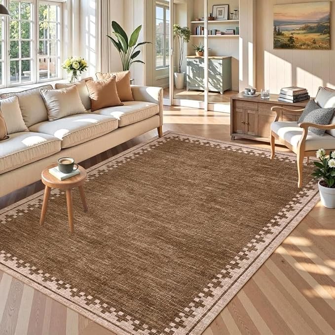 GarveeHome Neutral Bedroom Area Rugs 4x6 Washable Living Room Rugs Non Slip Stain Resistant Modern Border Throw Carpet Cross Pattern Geometric Boho Indoor Rugs for Dining Room Nursery Dorm, Brown
