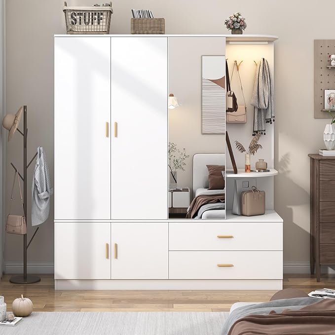 XVD Armoire Wardrobe Closet with Mirror & Sensor Light, Bedroom Armoire with 5 Doors & 2 Drawers, Modern Wooden Large Wardrobe Closet with Shelves, 4 Hooks, 2 Hanging Roods, Open Space, White