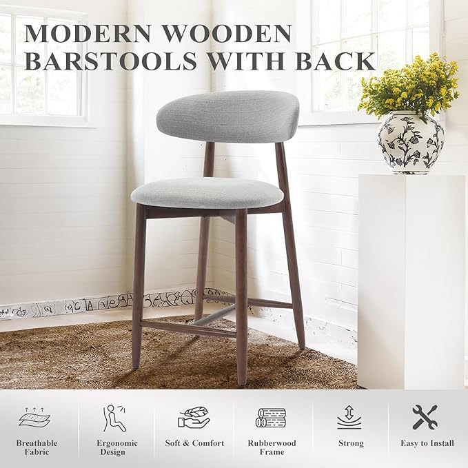 Upholstered Counter Height Bar Stools, Kitchen Island Stools with Back, Modern Counter Stools Chairs with Wood Legs for Kitchen Island Dining Room, Light Grey