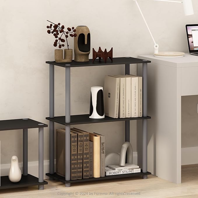 Furinno TURN-N-TUBE Storage Shelves, 3-Tier Book Shelf, Corner Shelf, Toolless Open Shelves, for Organization and Storage, Living Room, Garage, Home Office, Black