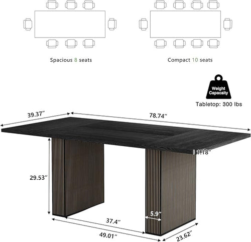 78 Inch Dining Table for 6 8 10, Modern Farmhouse Rectangular Kitchen Table, Dining Room Long Tables with Wood Strip Base for Kitchen Living Room (Black)