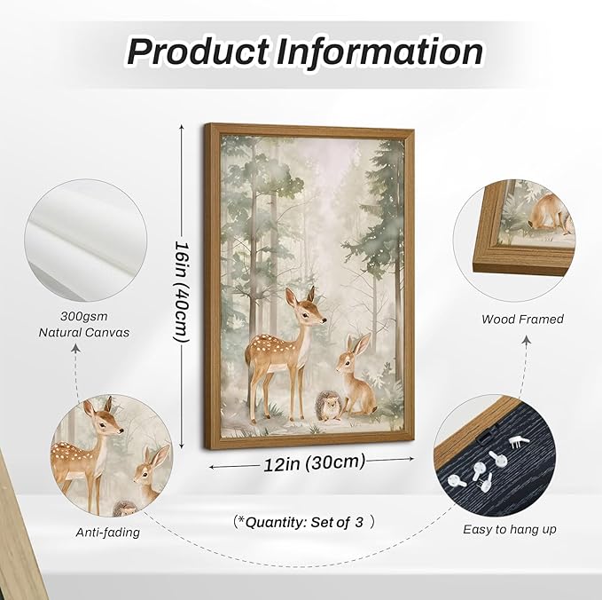Woodland Nursery Wall Art Decor Animal Forest Canvas Prints Baby Boy Room Wall Decor Bear Nursery Nature Pictures Deer Prints Artwork for Boy Girl Kids Bedroom 12x16 Inch Wood Framed Set of 3