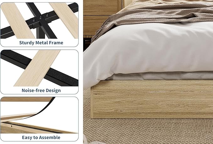 California King Size Solid Wood Platform Bed with Sturdy Wooden Slats, Floor-Standing Bed Frame, Modern Minimalist Design Bed Frame, No Box Spring Needed, Space Saver, Easy Assembly, Golden Tan Wood