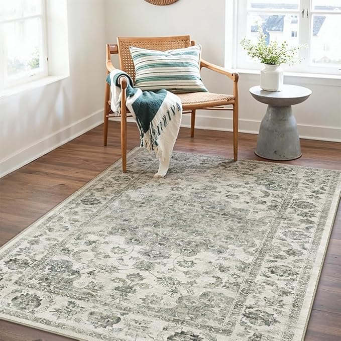 4x6 Washable Neutral Area Rug Green Vintage Entryway Office Carpet Non-Slip Soft Low Pile Farmhouse Throw Rug for Entrance Living Room Bathroom Dining Room