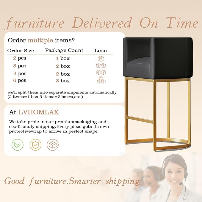 Modern Counter Height Bar Stools,Bar Stools Set of 2,PU Leather Upholstered Barrel Barstools with Backs,26'' Kitchen Island Chairs,Metal Gold Frames,Black Leather