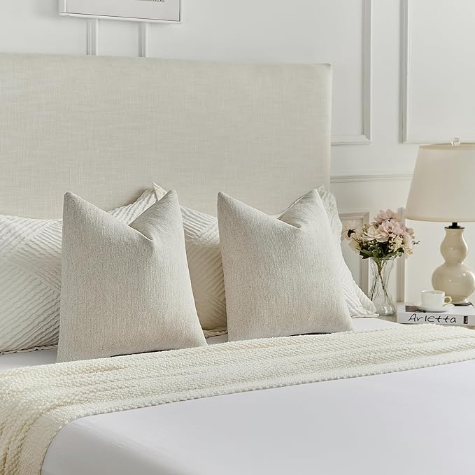 FUTEI Natural Wood Chenille Decorative Throw Pillow Covers 18x18 Inch Set of 2,Soft Cozy Faux Linen Textured Cushion Case,Farmhouse Home Decor for Couch Living Room