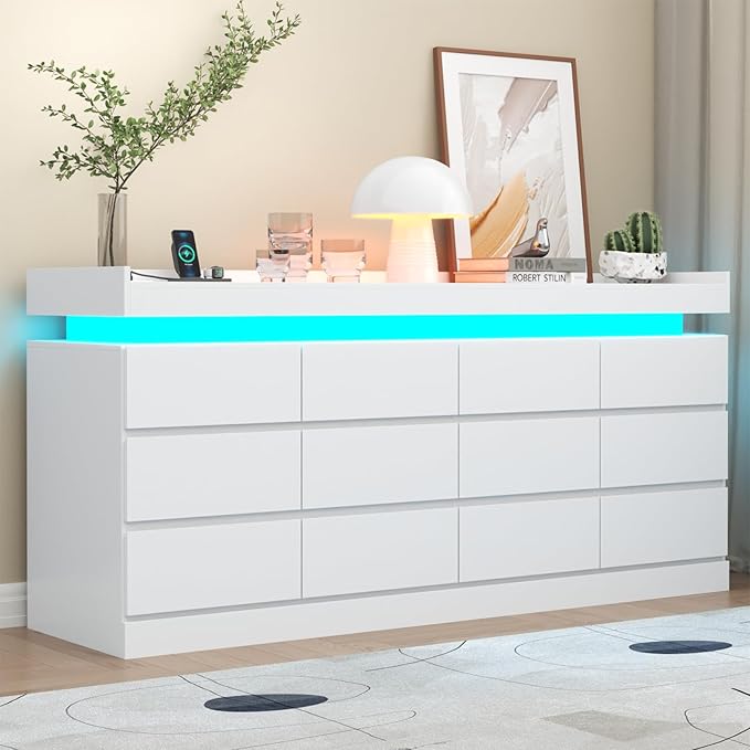 Gyfimoie 12 Drawer Dresser with Power Outlet, Dresser with LED Light, Modern Chest of Drawers for Closet, Double Wide Drawer Organizer Cabinet for Bedroom, Living Room (White, 12 Drawers)