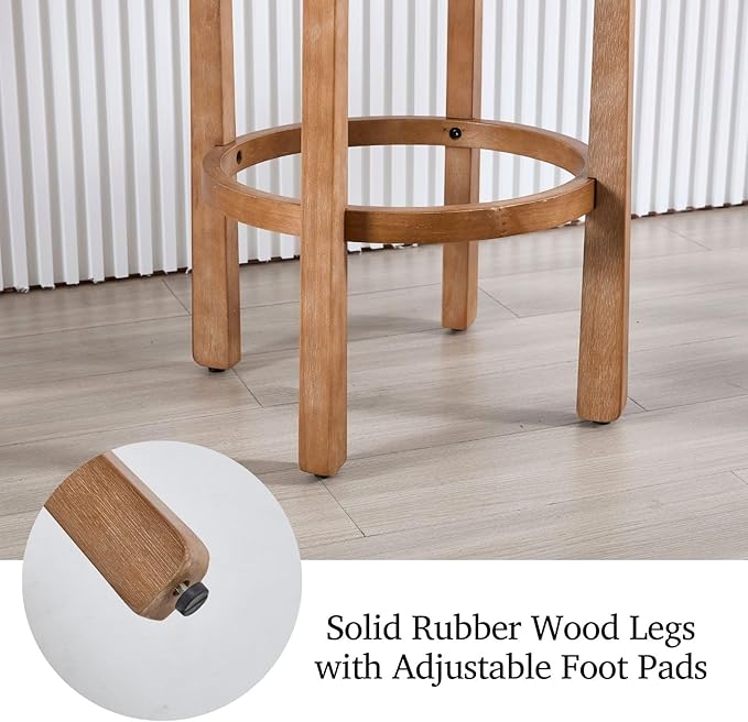 LukeAlon Mid Century Linen Bar Stools Set of 4, 30.25" Seat Height Upholstered Barstools with Wood Legs Modern Tall Bar Chair with Curved Low Back Round Footrest for Pub Home Kitchen Island, Beige