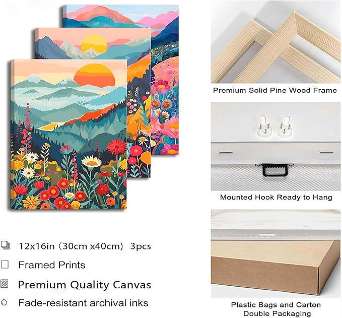 Colorful Watercolor Mountain Canvas Wall Art Set of 3 Boho Flower Picture Wall Decor Abstract Nature Landscape Artwork Paintings Posters Print for Living Room Bedroom Office 16x12In Framed